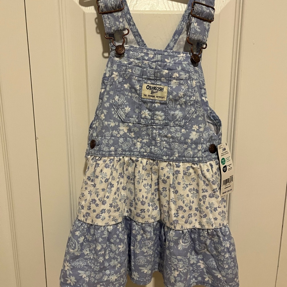 NWT OshKosh B'gosh Light Blue and White Floral Overall Dress 24M